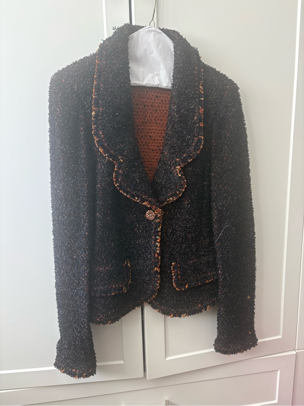 St. John Black Bouclé Jacket with Brown Trim